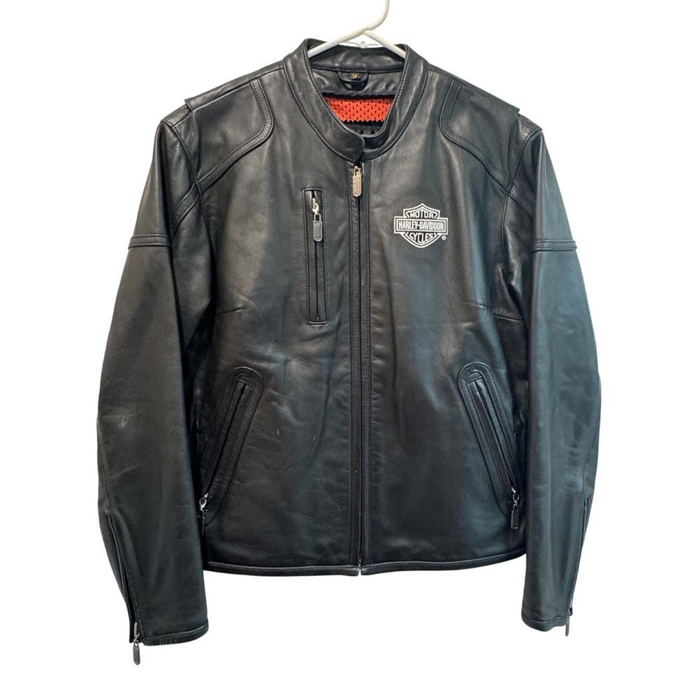 Harley-Davidson Womens Black Leather Motorcycle Jacket Orange Mesh Lining Med